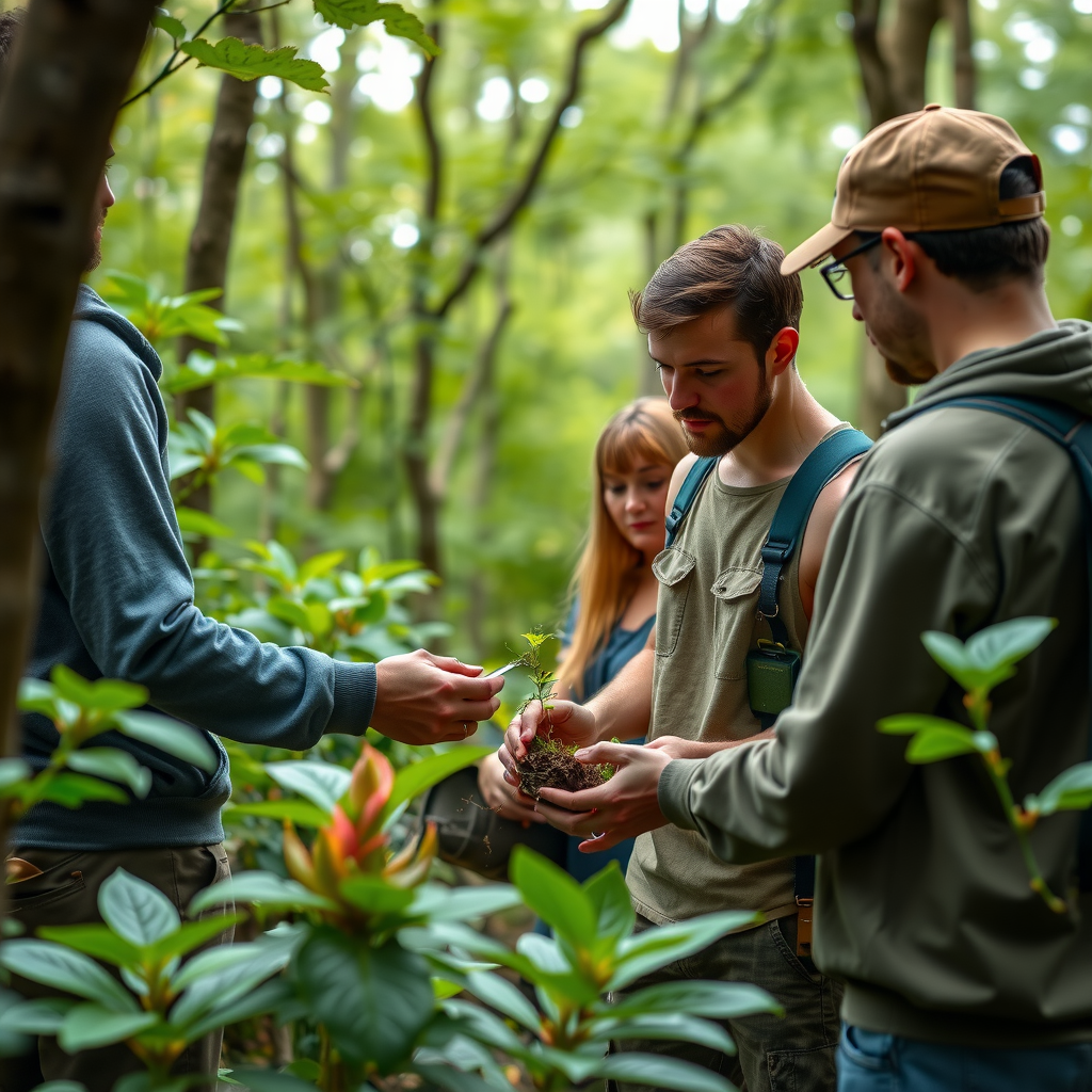 South Fayette Conservation Group team members collaborating on environmental conservation project in a lush green forest setting with native Pennsylvania flora