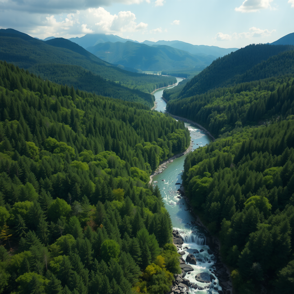 Aerial view of lush green forest meeting pristine river with mountains in background representing environmental conservation efforts in South Fayette region
