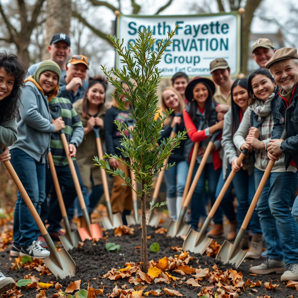 Diverse group of community volunteers gathered around a young oak tree being planted, with shovels and smiling faces, autumn leaves on the ground, South Fayette Conservation Group banner visible in background