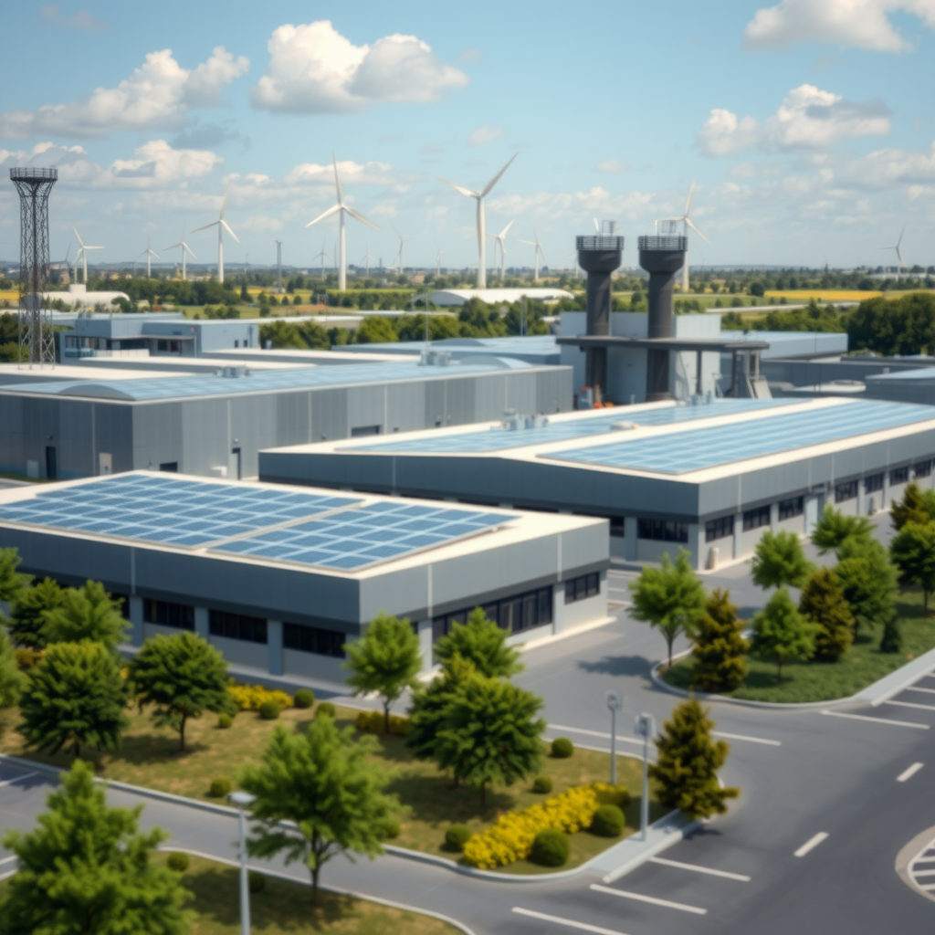 Modern industrial manufacturing facility with solar panels on roof, green landscaping, and visible sustainability features including wind turbines in background