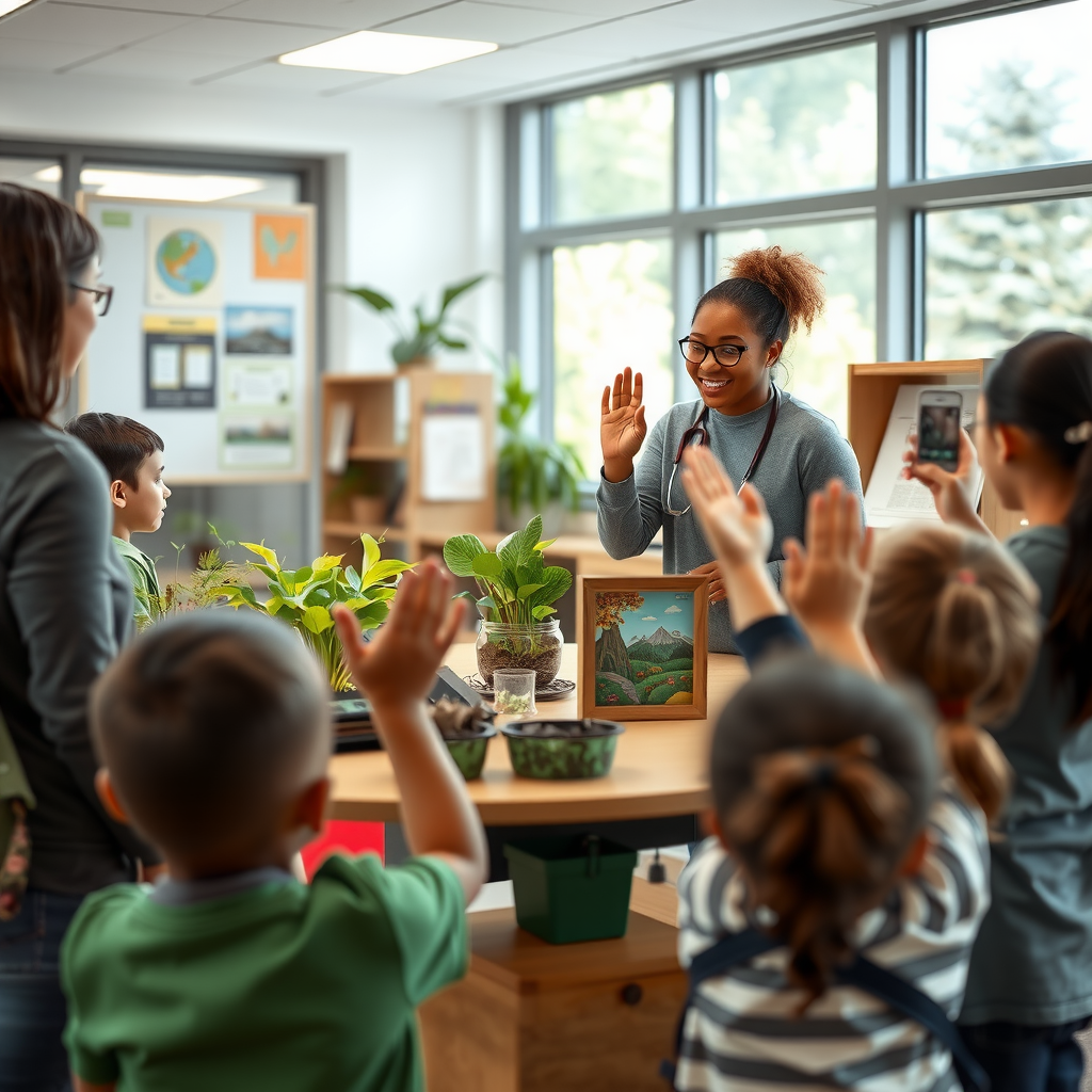 Environmental educator in classroom with elementary students gathered around a table displaying native plants, recycling materials, and ecosystem models, bright natural lighting from large windows, engaged children raising hands