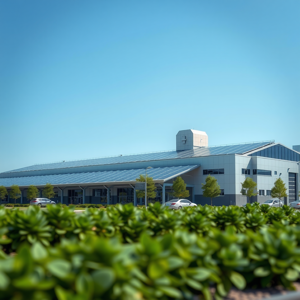 Modern industrial facility with extensive solar panel arrays covering the roof, set against a clear blue sky with green landscaping in the foreground