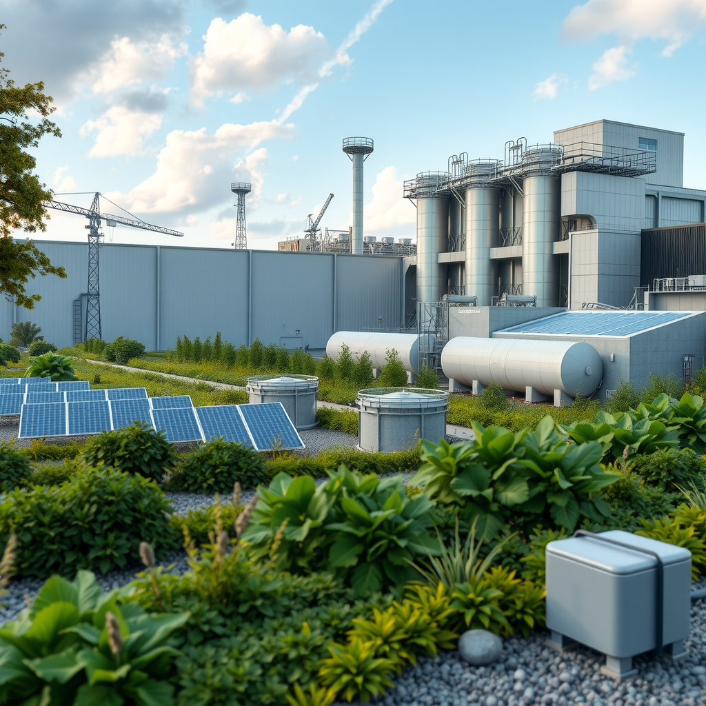 Modern industrial facility integrated with green infrastructure, solar panels, and native vegetation demonstrating sustainable industry environmental conservation practices