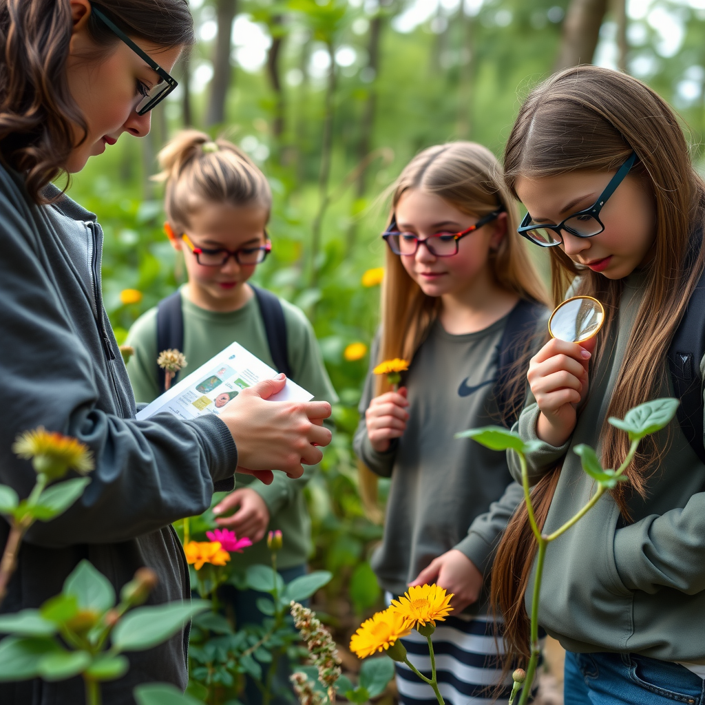 Middle school students outdoors examining native Pennsylvania plants and wildflowers with magnifying glasses, educator pointing to plant identification guide, natural woodland setting with diverse vegetation