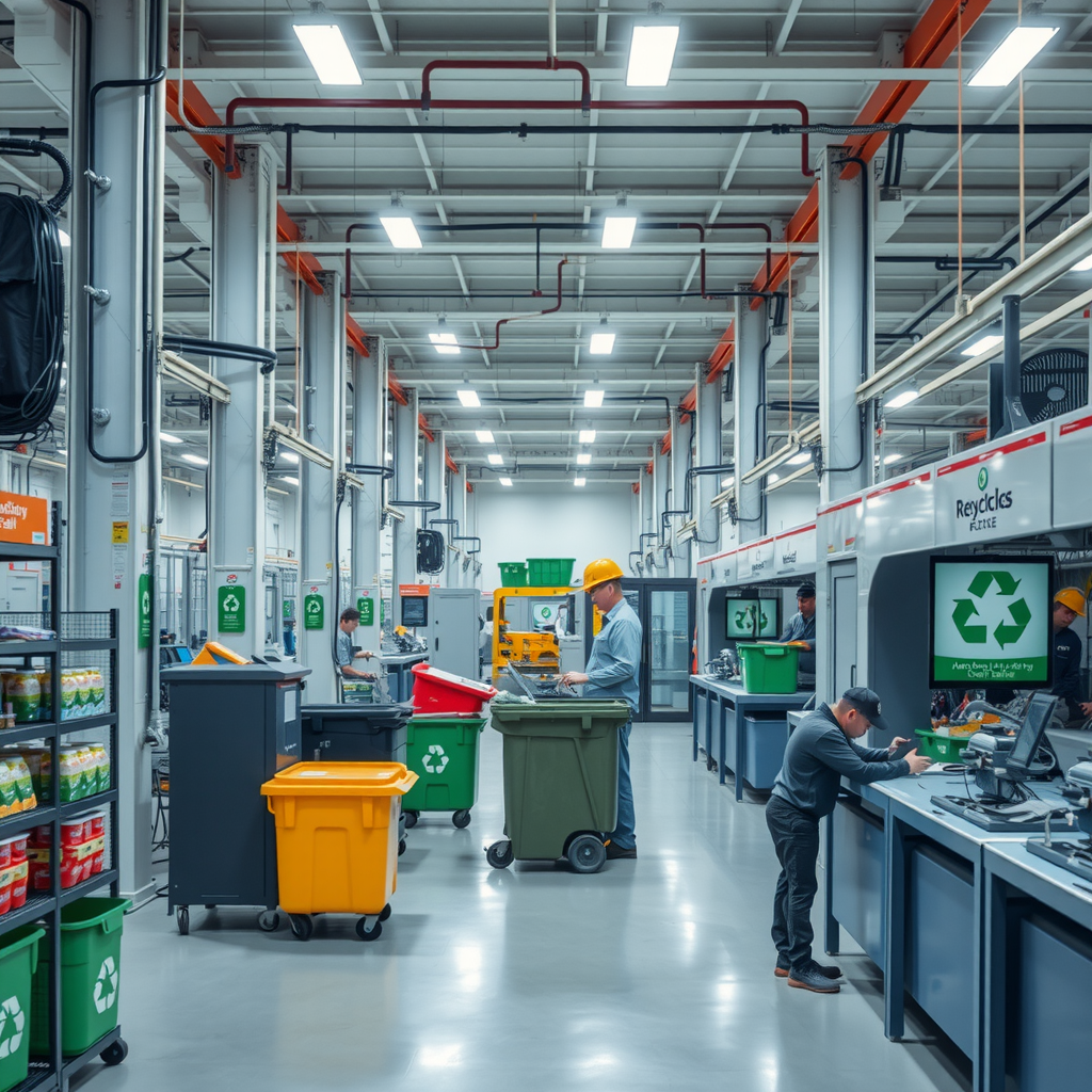 Spotless manufacturing floor showing organized recycling stations, efficient production lines, and workers in a bright, well-lit facility with visible sustainability signage