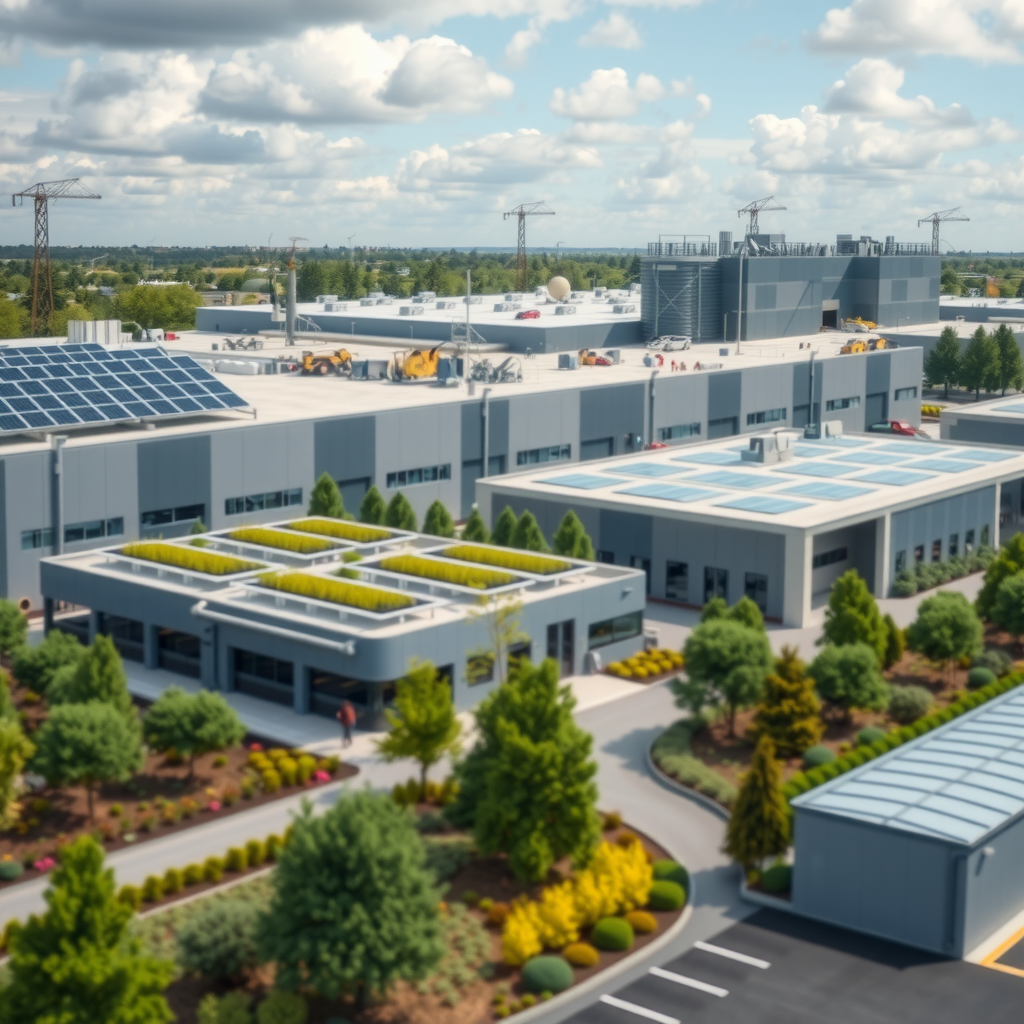 Modern manufacturing facility with solar panels on the roof and green infrastructure, showing industrial buildings implementing sustainable practices with visible environmental improvements like native landscaping and water management systems