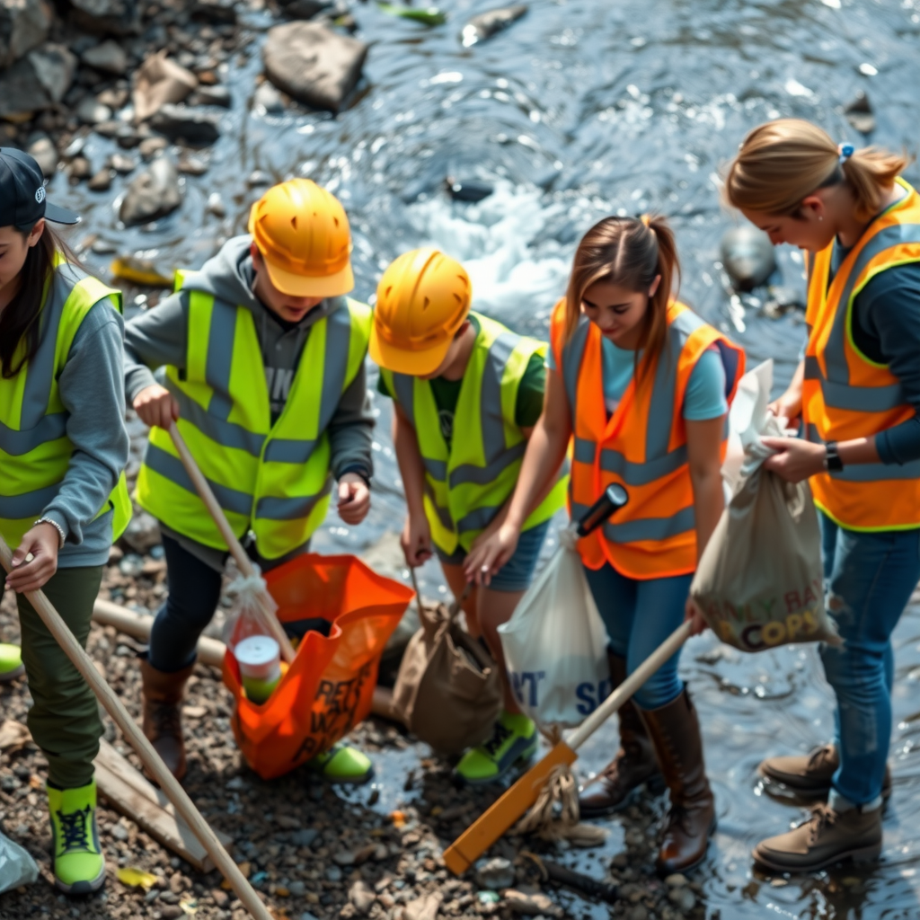 Volunteers in safety vests collecting trash and debris from stream banks, with bags of collected waste and clean flowing water in background
