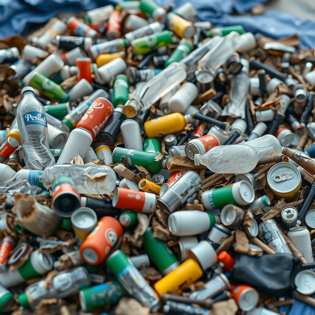 Close-up of sorted piles of collected trash including plastic bottles, cans, and debris laid out on tarps for documentation and proper disposal