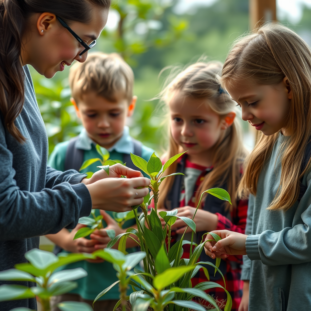 Elementary school children engaged in hands-on environmental education activity with educator, examining native plants and learning about ecosystems
