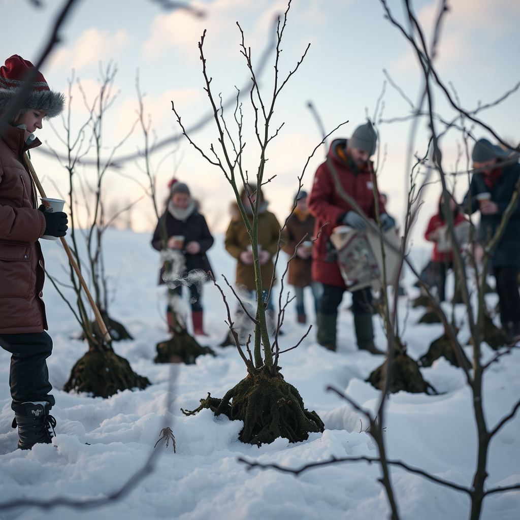 Volunteers in winter coats planting bare-root trees in snowy landscape, steam rising from hot beverages, community working together in cold weather, bare branches against winter sky