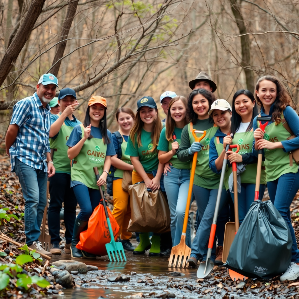 Diverse group of volunteers of all ages taking a group photo by the stream, holding cleanup tools and smiling, with filled trash bags visible