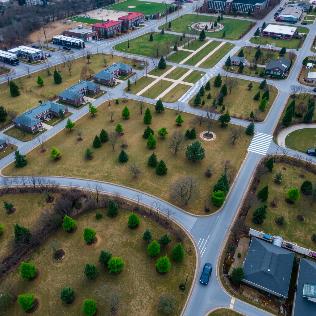 Aerial drone photograph showing multiple areas of South Fayette with newly planted trees marked by stakes, creating patterns across parks and public spaces, demonstrating scale of reforestation project