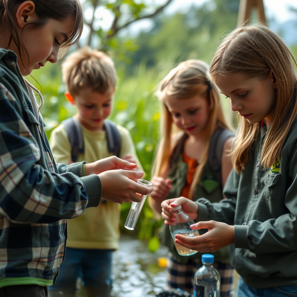 Students participating in watershed education program, examining water samples and learning about pollution prevention in outdoor classroom setting