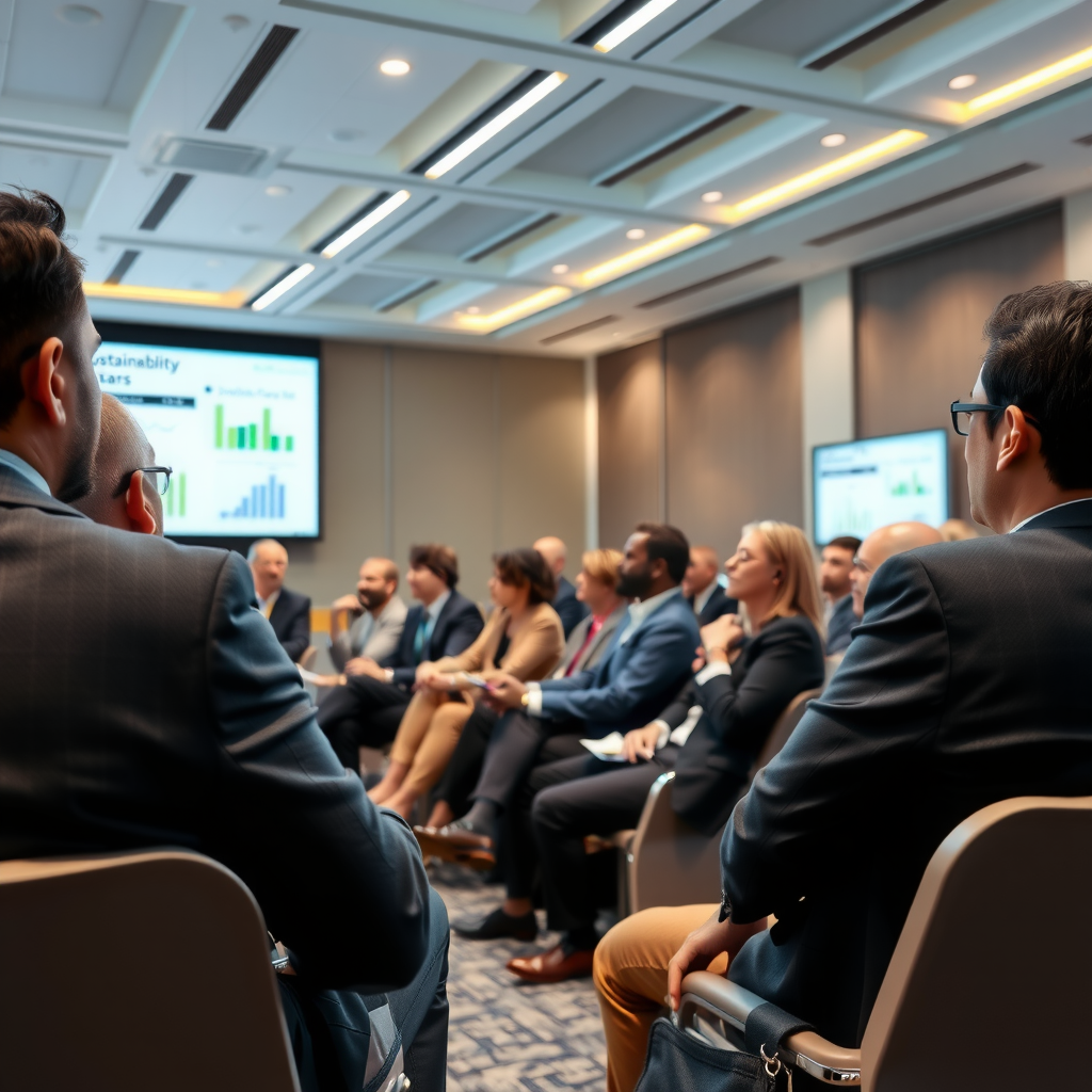 Diverse group of business leaders and sustainability professionals engaged in discussion at a conference, with presentation screens showing environmental data and charts in a modern conference room