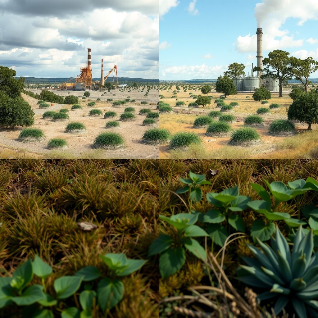 Split image showing industrial site transformation from degraded land to thriving ecosystem with native plants and wildlife, demonstrating successful industry environmental conservation outcomes